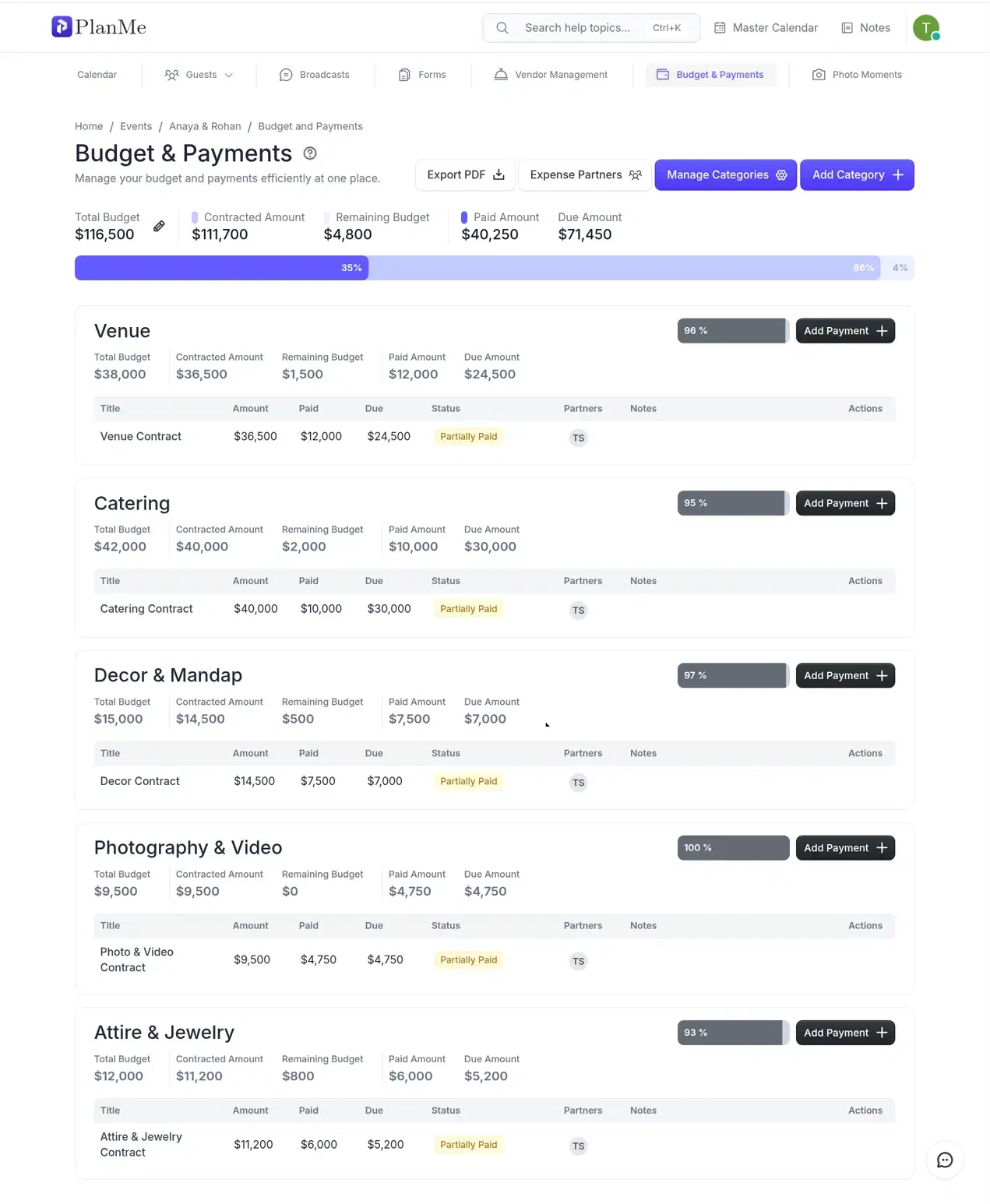Budget & Payments view with estimated and actual costs grouped by venue, catering, decor, photography and attire