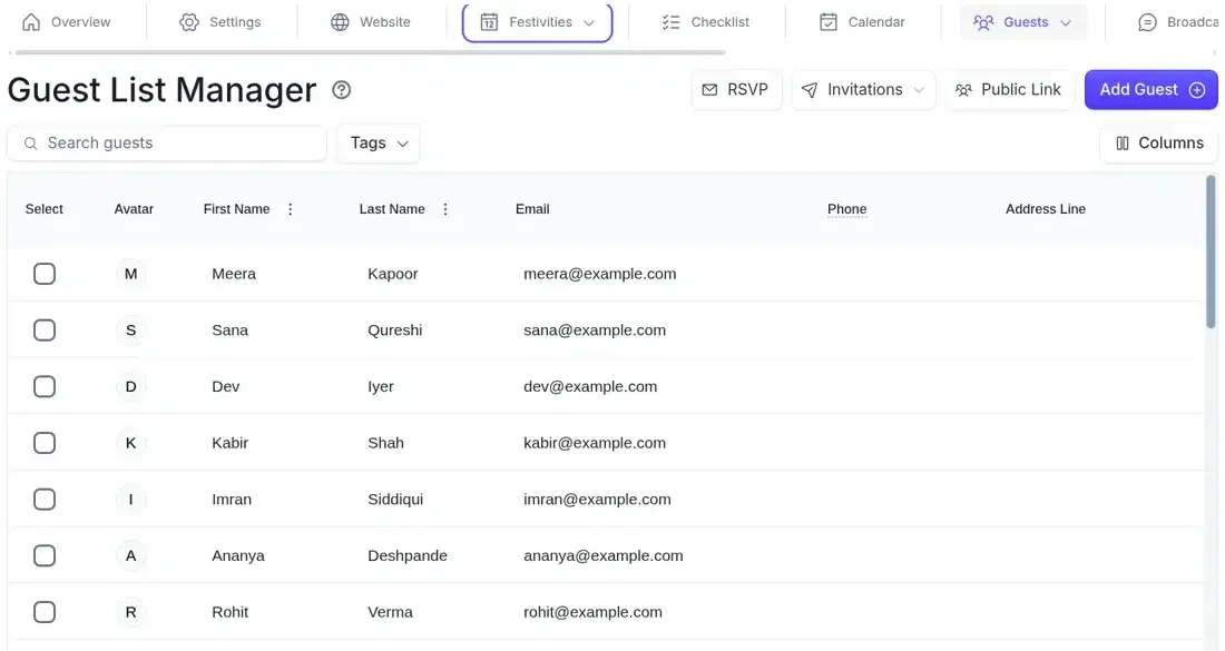 PlanMe.Club Guest List Manager with search, tags, RSVP, invitations and public link controls