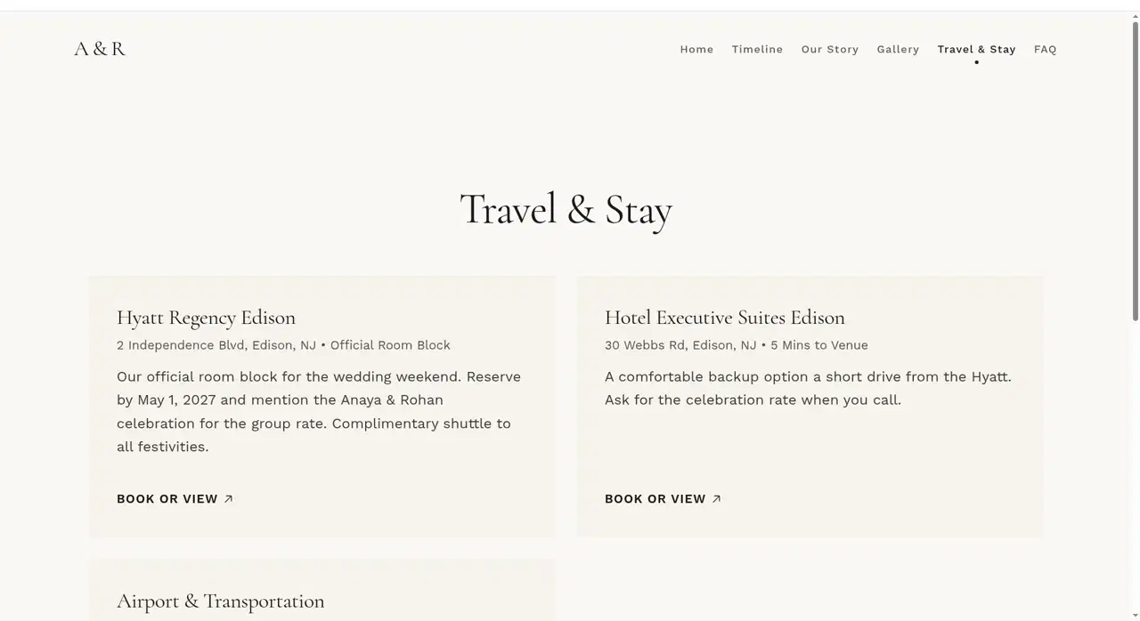 Travel & Stay page of a PlanMe.Club wedding website listing a hotel room block with booking notes and directions