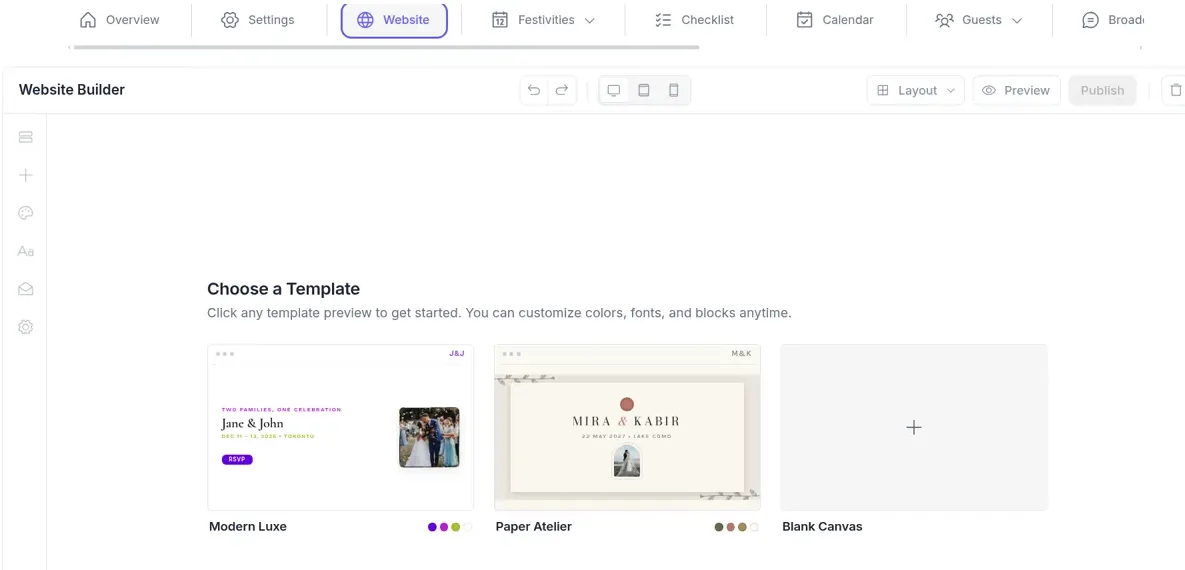 PlanMe.Club website builder showing template choices Modern Luxe, Paper Atelier and Blank Canvas