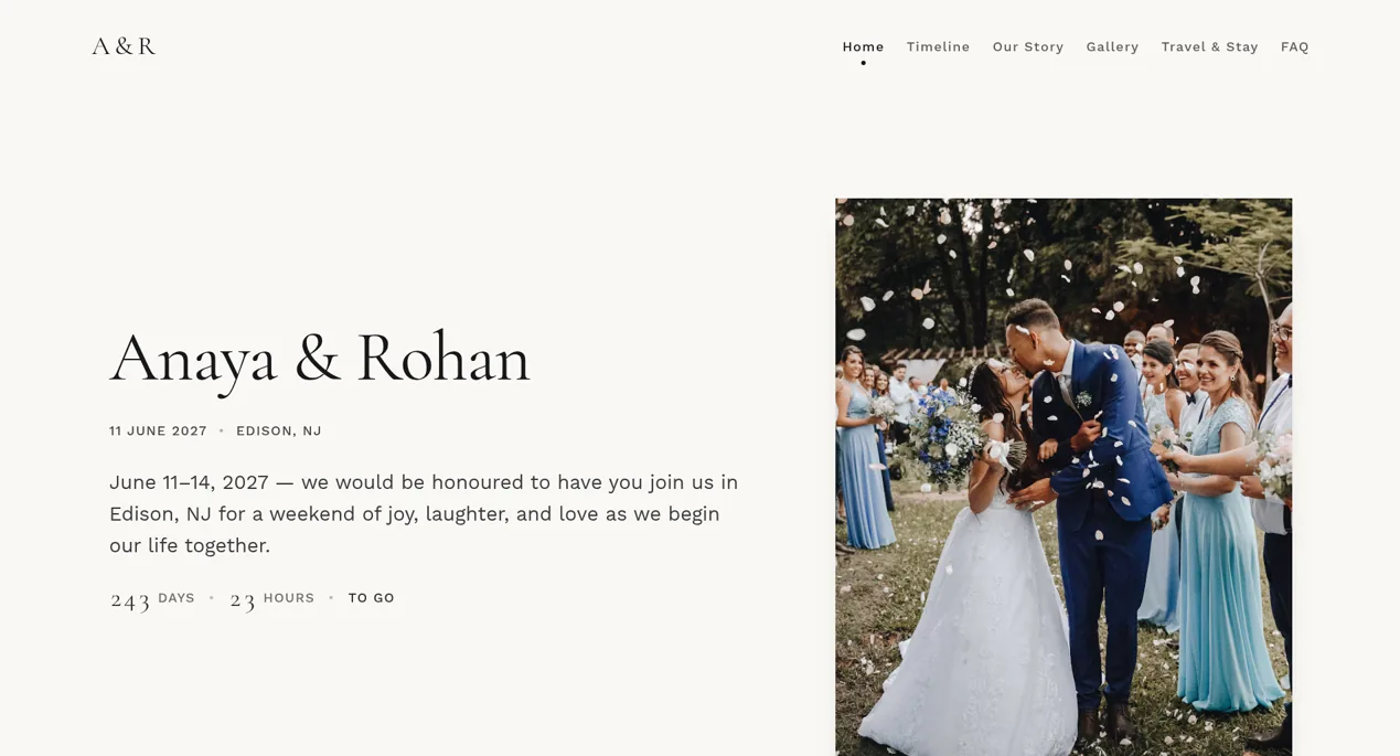 Home page of the fictional Anaya and Rohan wedding website on PlanMe.Club: June 11 to 14, 2027 in Edison, NJ, with a countdown and links to Timeline, Our Story, Gallery, Travel & Stay and FAQ