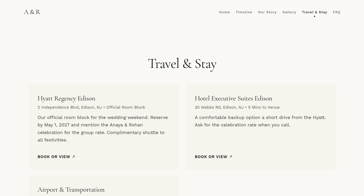 Travel and Stay page of the fictional Anaya and Rohan wedding website listing Hyatt Regency Edison as the official room block and a backup hotel