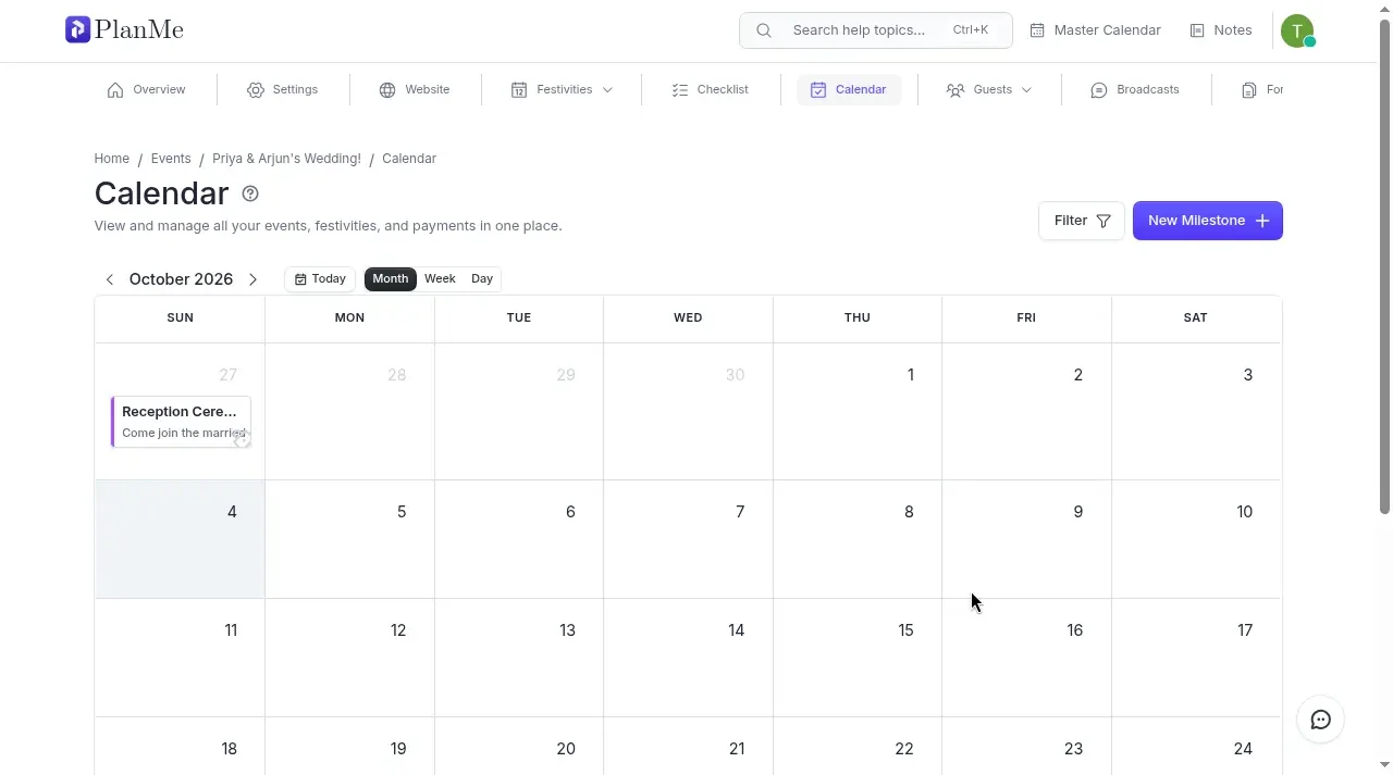 PlanMe calendar view with festivities and deadlines across a wedding month