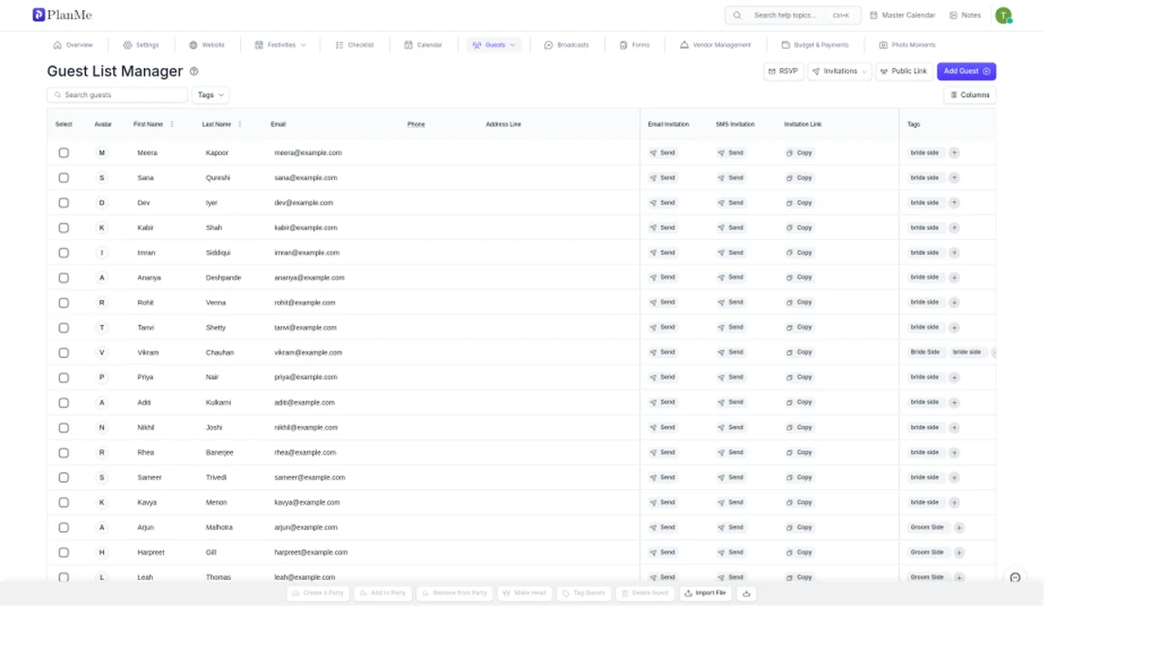 PlanMe guest list manager with demo guest rows