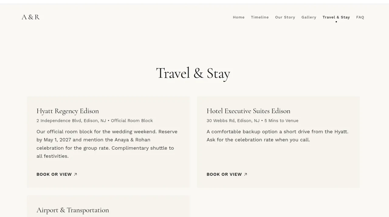 PlanMe wedding website Travel and Stay page with hotel room block details for a demo wedding