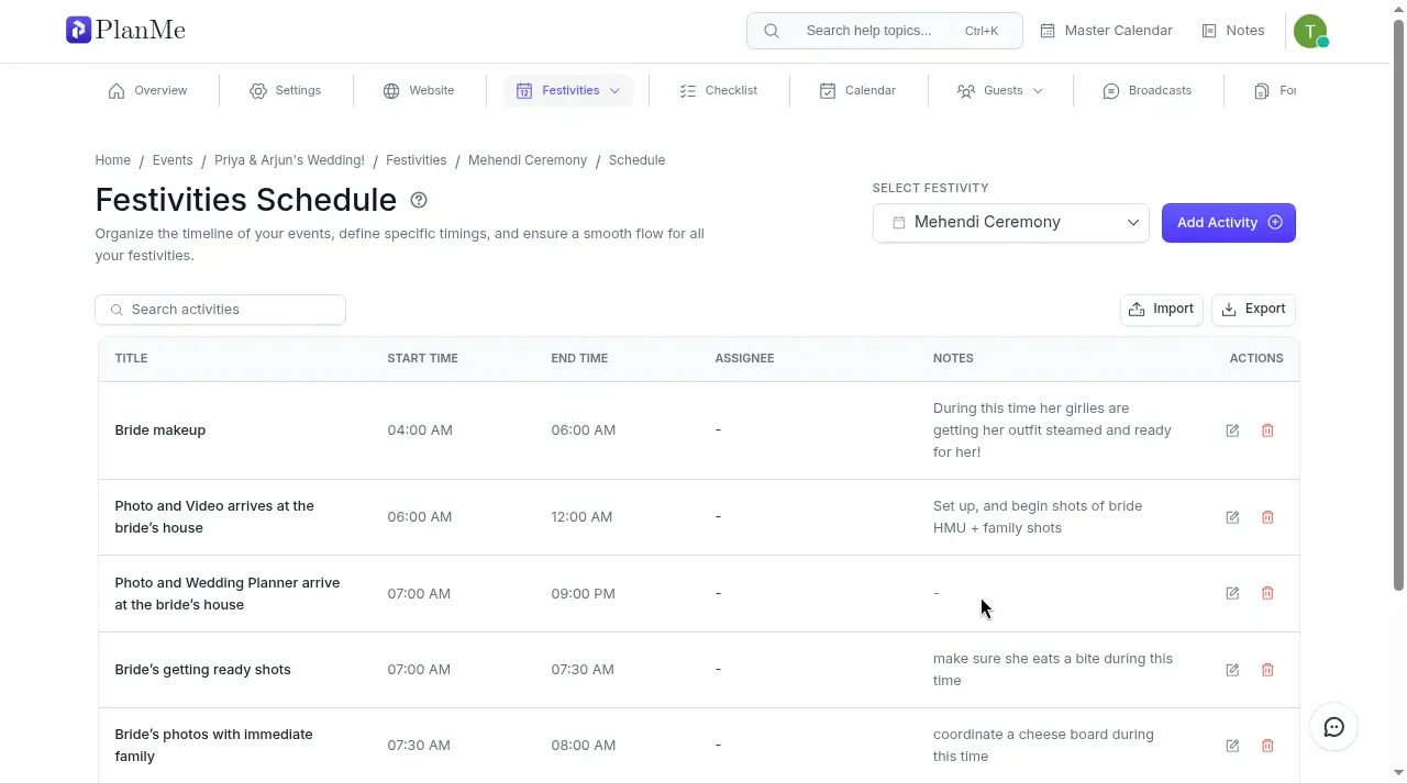 PlanMe schedule screen for a festivity with timed items across a wedding day