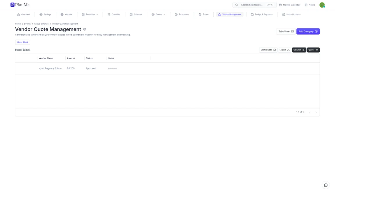 PlanMe vendor quote management with a hotel block quote, amount and status