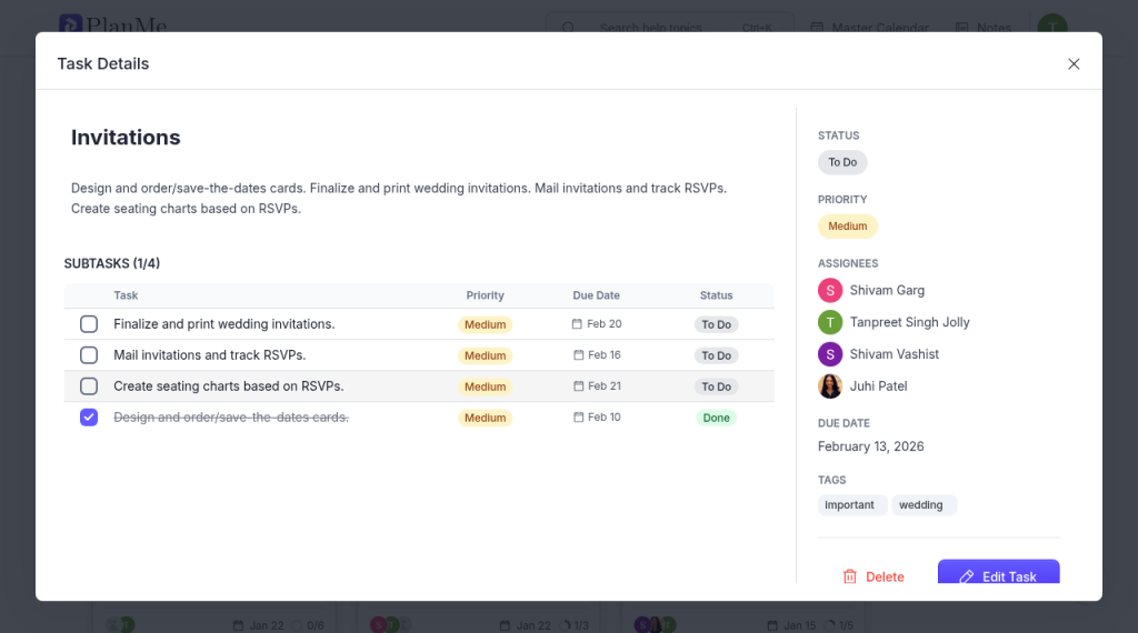 Open a task to see its subtasks, who is assigned, the due date, and its tags.
