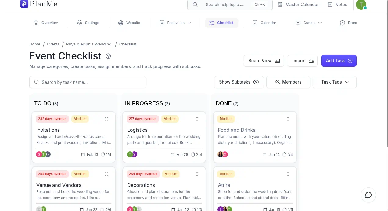 PlanMe event checklist in board view, with columns for To do, In progress, and Done