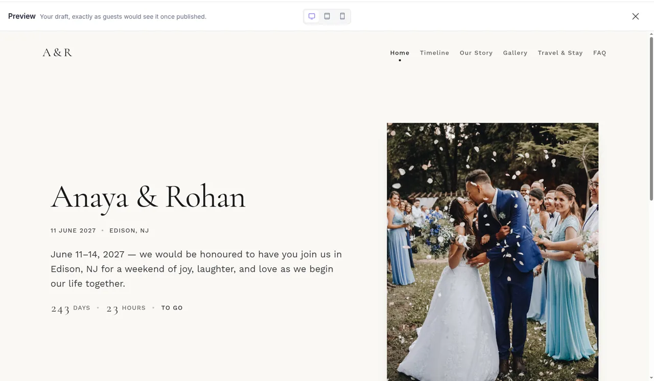 Home page of the fictional Anaya and Rohan wedding website on PlanMe.Club