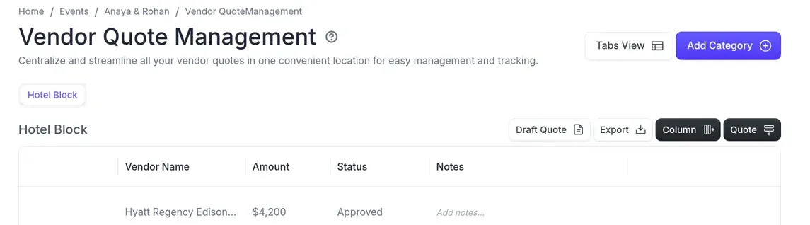 PlanMe.Club Vendor Quote Management for the fictional Anaya and Rohan wedding, with a hotel block quote listed with its amount and an Approved status