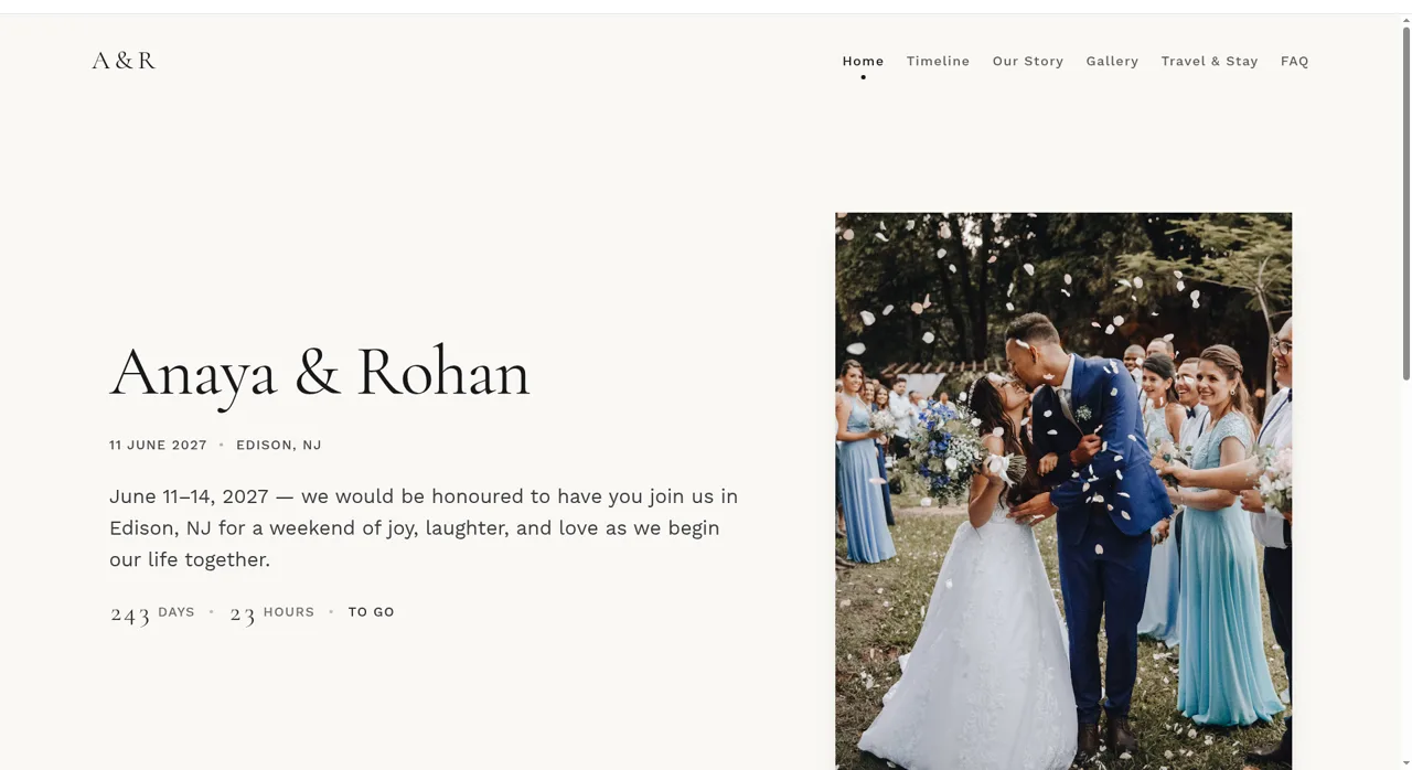 Home page of the fictional Anaya and Rohan wedding website on PlanMe.Club, showing June 11–14, 2027 in Edison, NJ, a countdown, and navigation for Timeline, Our Story, Gallery, Travel & Stay and FAQ